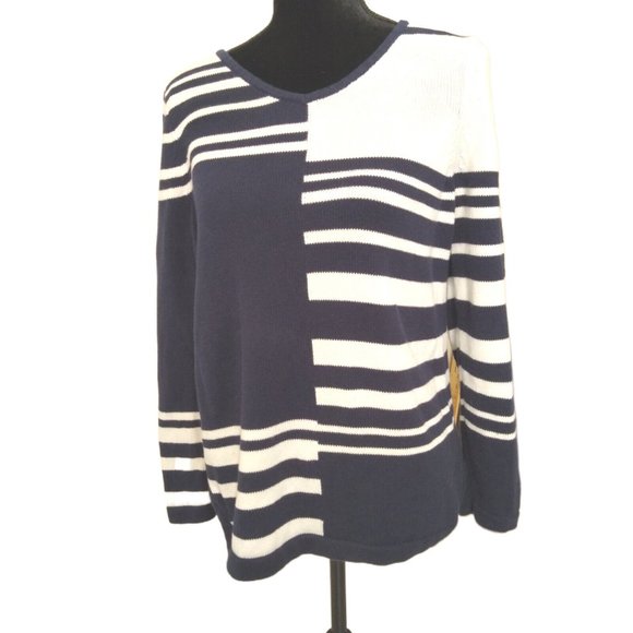 Chico's Navy Blue & White Stripes Sweater Top Women's Size 0 (Small) - Picture 1 of 5